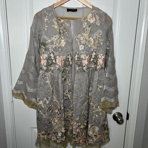 Sana Safinaz Embroidered Open Front Coat Jacket Small Fairycore Ethereal Floral